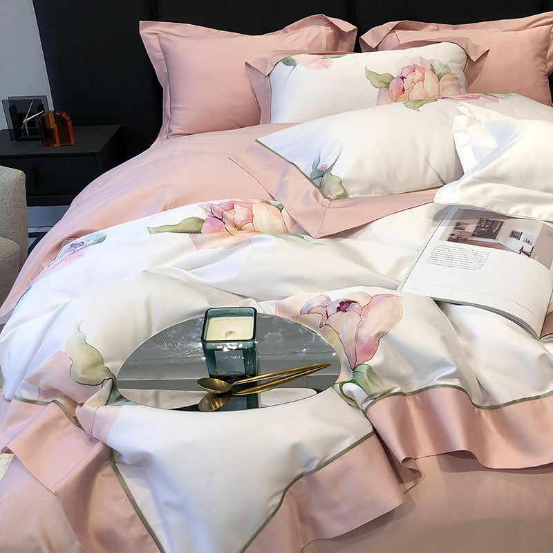 High end 100S long - fluff cotton four pieces of light luxury printing minimal autumn skin naked sleep warm bedding