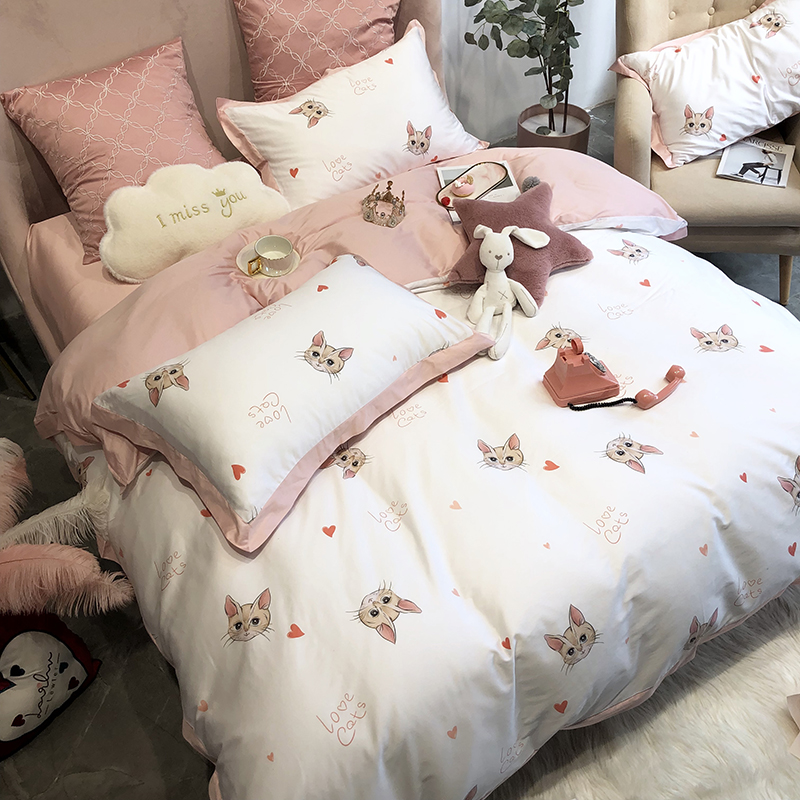 60 cotton four - piece cotton cotton spring - summer pure cotton is set to cute cartoon cats naked sleeping satin bed