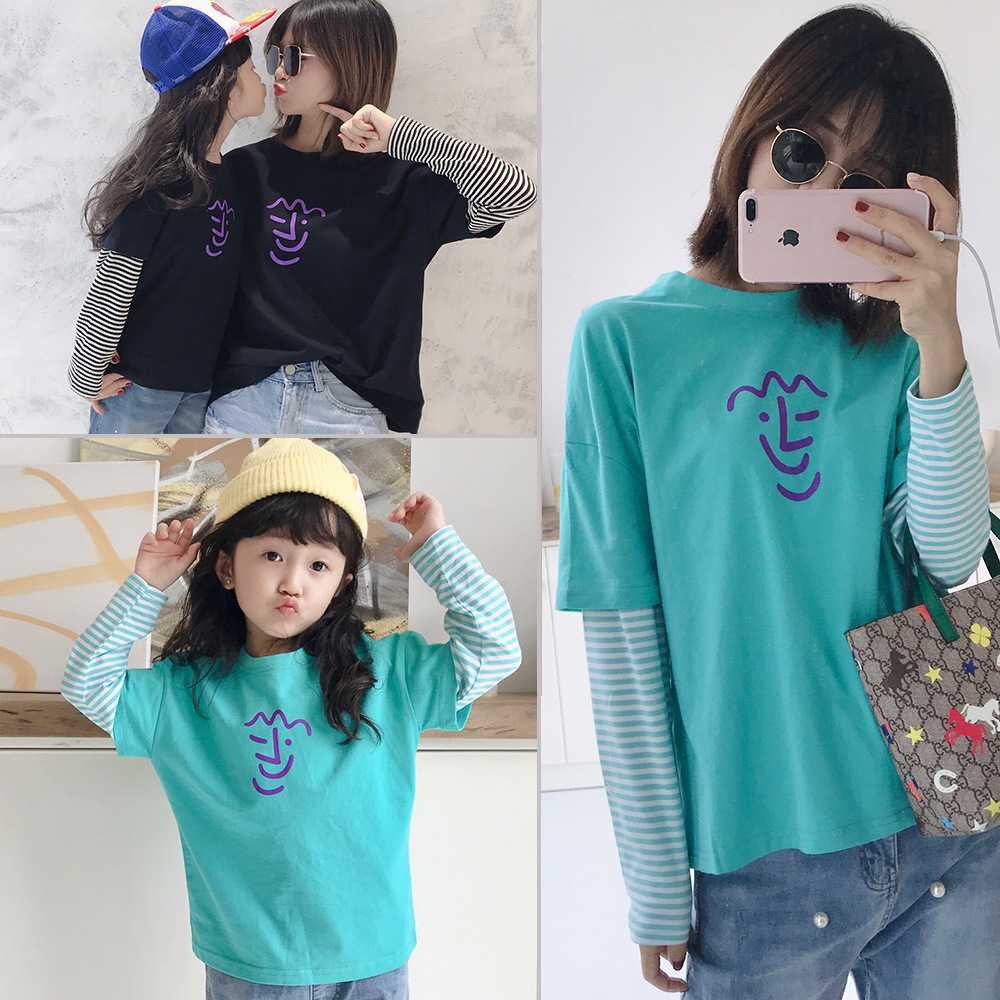Parent-child clothes spring fake two-piece T-shirts a family of three and four mother-child mother-daughter clothes Western style long-sleeved parent-child sweater trend