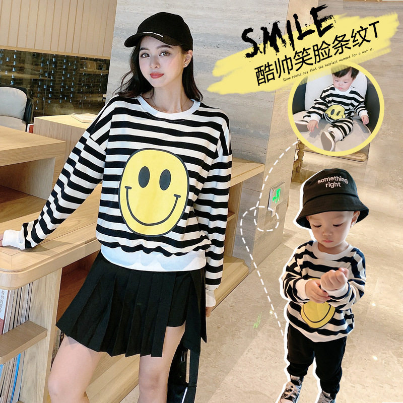 2020 Autumn/Winter New Family Wear Smiley Stripe Print Sweatshirt Family Four-piece Creeper Trendy Long Sleeve T Shirt 