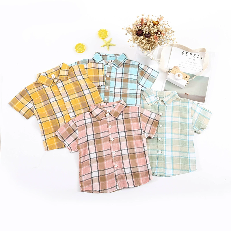 Mùa hè phong cách mục vụ linen cotton kẻ sọc chữ Anh thêu áo sơ mi trẻ em ngắn tay Phiên bản Hàn Quốc của quần áo trẻ em dễ thương tất cả các kết hợp - Áo sơ mi