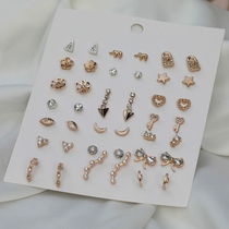  1 card 21 pairs of special offer set 30 days for new earrings Simple rhinestone three-week earrings Japanese and Korean wild earrings
