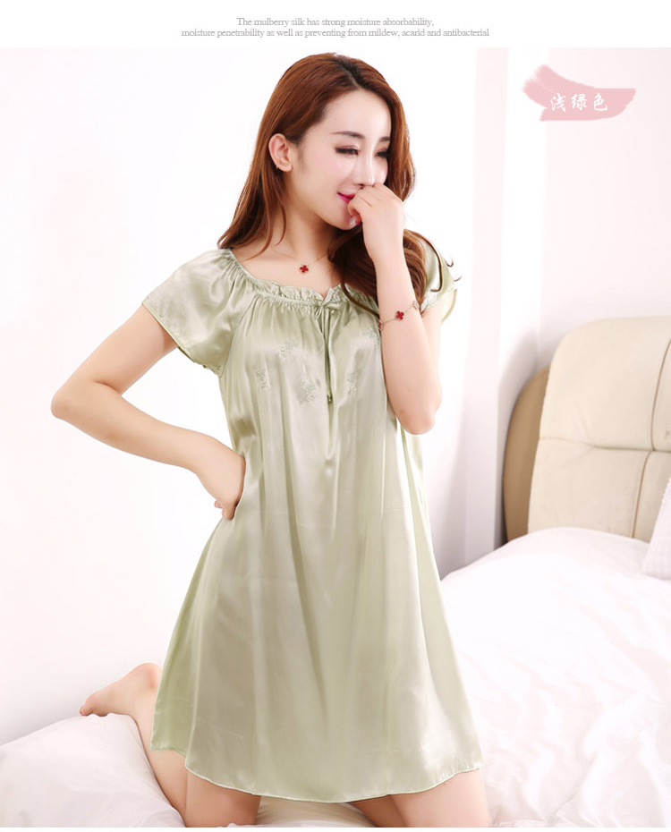 Hàng châu lụa mùa hè lụa đồ ngủ nữ 100% lụa nightdress màu rắn ngắn tay lỏng kích thước lớn dịch vụ nhà