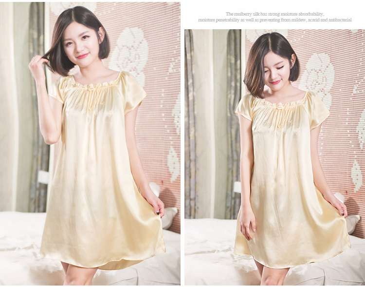 Hàng châu lụa mùa hè lụa đồ ngủ nữ 100% lụa nightdress màu rắn ngắn tay lỏng kích thước lớn dịch vụ nhà