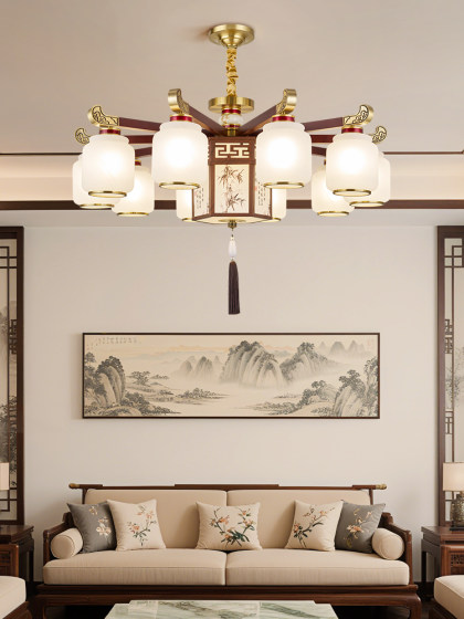 New Chinese-Style All-Copper Solid Wood Walnut Living Room Chandelier with Chinese-Style Branch-Shaped Glass Lampshade, Elegant 2026 New Model