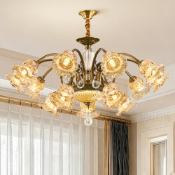 Retro All-Copper American-Style Living Room Chandelier Crystal Lamp Petal Lampshade New European-Style Light Luxury Villa Mid-Century Style Chandelier