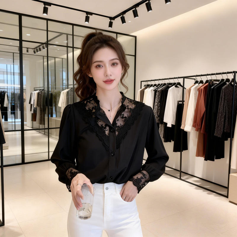 Lace Splicing Sexy Semi-Sheer Shirt for Women, New Spring and Autumn Design, Stylish Inner Wear, Chic Top, Chiffon Shirt