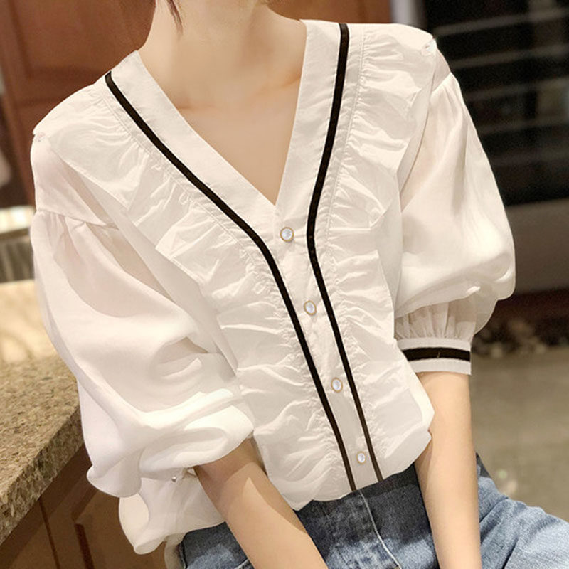 V Collar White Snowspun Shirt Woman Summer Thin Bubble Sleeve T Shirt Design Sensian Woman Super Fairy Short Sleeve Lock Bone Blouse