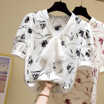 Fairy Broken Flowers Snowspinning Shirt Woman Summer New Butterfly Knot Printed Short Sleeve Blouses Fashion Minus-age foreign air sweatshirt