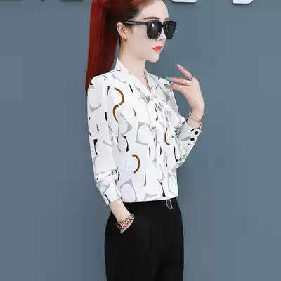 Chiffon shirt female Spring and Autumn New V-neck bow temperament design sense coat printing wild loose shirt tide