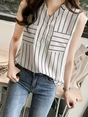 Striped chiffon shirt women's spring and summer New loose sleeveless vest design sense niche versatile V-collar clothes