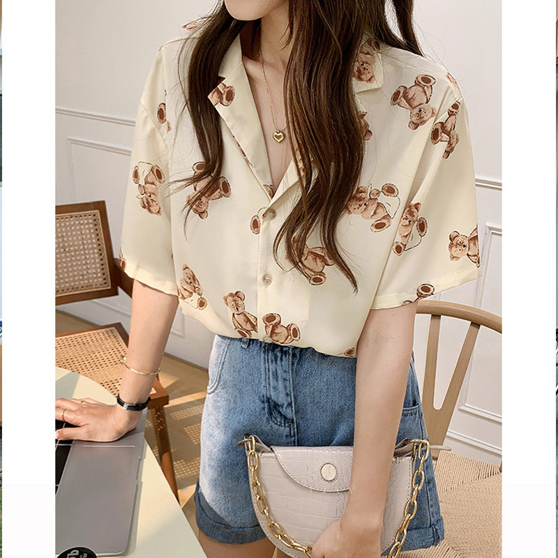 Printed shirt woman design feeling short sleeves Don't touch blouses 2022 Summer loose thin section V pilotage Snow-jersey