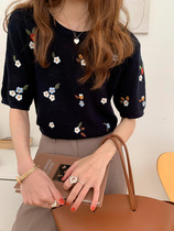 Ice Silk Stitch Cardigan Summer Design Sensation Breathable Short Sleeve Embroidered Sweater Woman Fashion Temperament headsets Short clothes