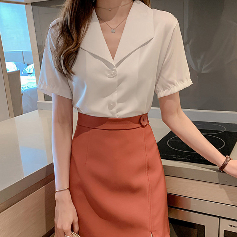 Short-sleeved chiffon shirt women's summer loose thin shirt design chic top clothes all-match professional white shirt
