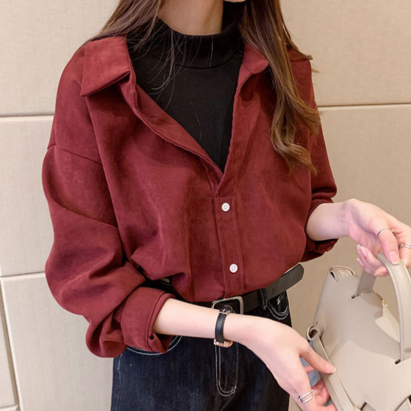 Fake two women blouses autumn winter new 100 hitch light core suede shirt retro port taste design small crowdfold wearing shirt