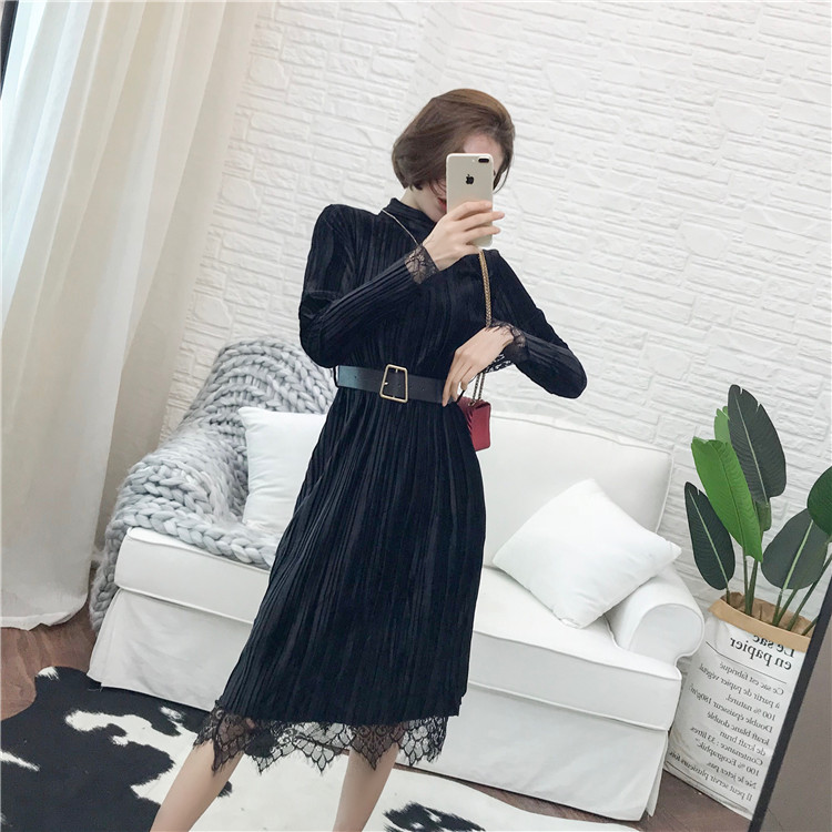 Váy nhung vàng nữ mùa thu và mùa đông 2018 phiên bản Hàn Quốc mới của eo dài tay là mỏng trong đoạn dài màu rắn cổ áo váy chân váy xếp ly ngắn