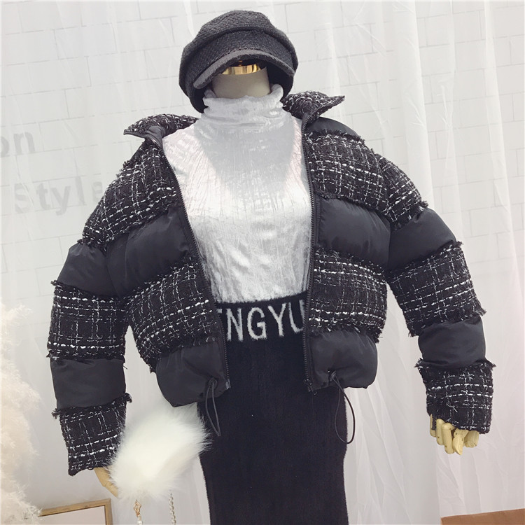 2018 mùa đông nhỏ nước hoa gió tweed khâu bông cổ áo cổ áo dày ấm bánh mì lỏng áo khoác nhỏ phao dáng dài nữ