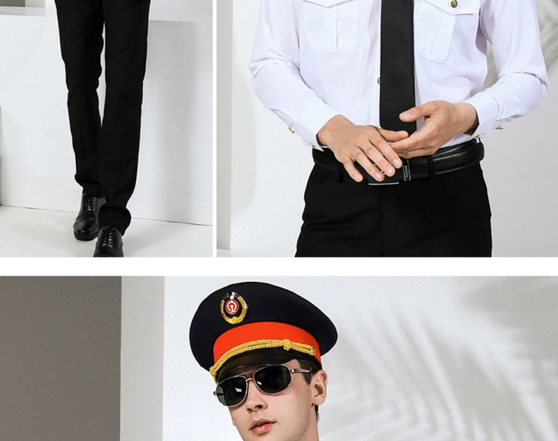 Đồng phục đường sắt mới phù hợp với nam giới quần áo đường sắt đồng phục tiếp viên hàng không áo trắng đồng phục dài tay an ninh