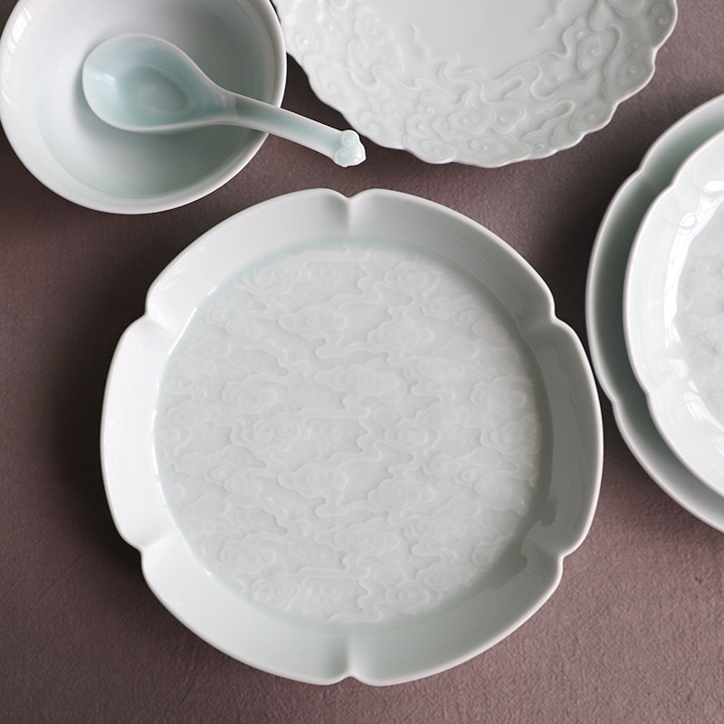 Landscape a ceramic Song Dynasty tableware plate flat plate deep plate carved solid color Chinese antique traditional dish