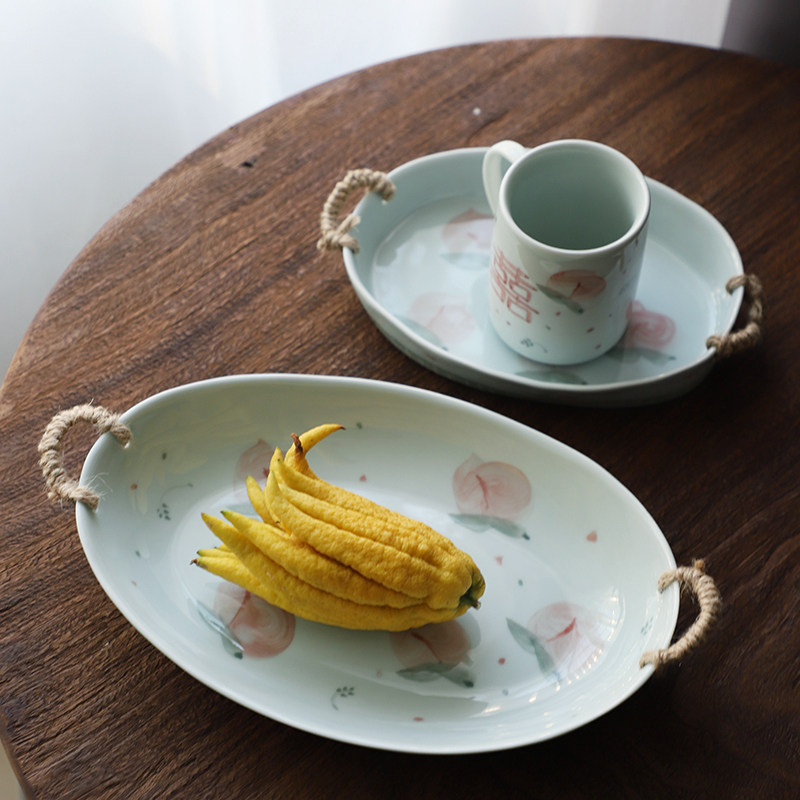 Landscape A Peach Delight Tray Ceramic Water Fruit Basket Fish Dish Home Cutlery Dish Glaze Lower Color Hand-painted Little Fresh Day Style-Taobao