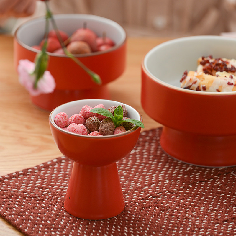 Home Ceramic Cutlery Fruit Salad Bowl Chinese Dessert High Foot Bowl Red Fruits Pan Hotel Dining Room Ice Cream Bowl