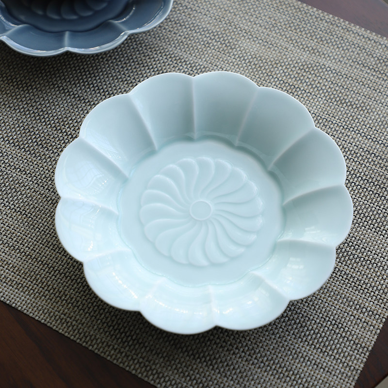 Household plate ceramic tableware hotel club special-shaped salad western plate tea set accessories pot bearing celadon blue