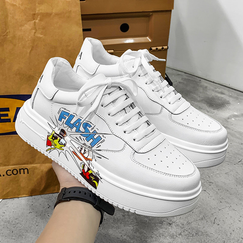 Skale shoes male summer breathable leisure shoes Young student Air Force 1 round head thick soles printed small white shoes male real leather