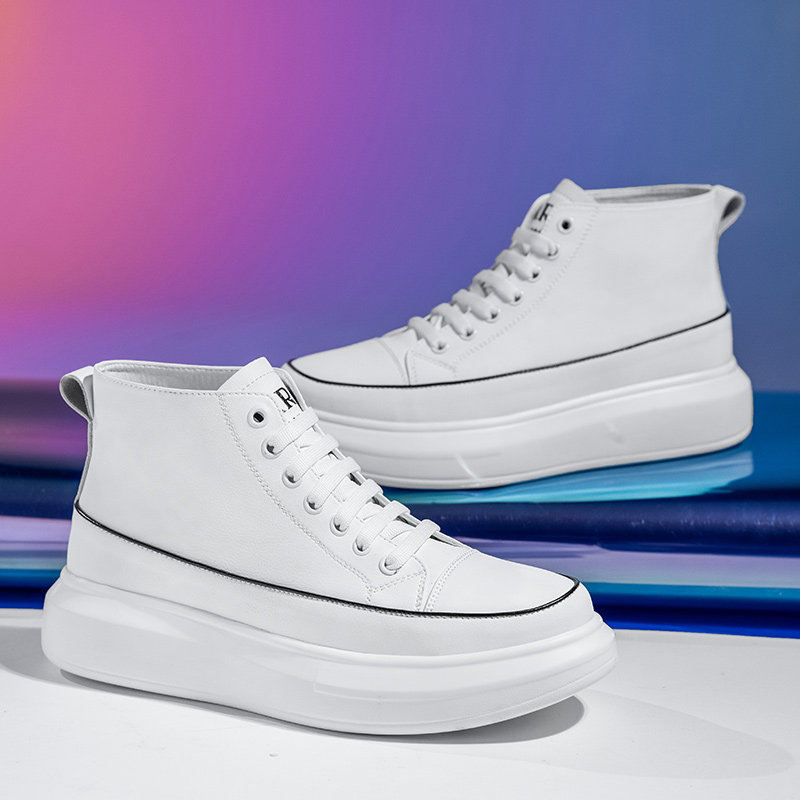 McQuingao shoes men thick sole heightened plate shoes 2023 new casual and pine white shoes male genuine leather