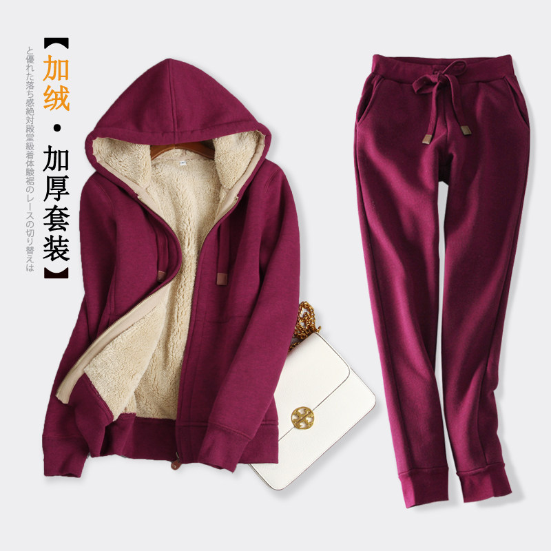 Fashion two-piece sweater couple suit women's autumn and winter velvet thickened sportswear large size hooded cardigan jacket