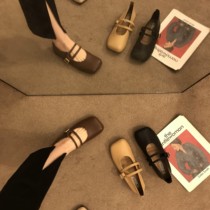 ITSK single shoe woman French style flat bottom square head light mouth comfortable and soft bottom lined with gentle wind fit dress Mary Jane shoes