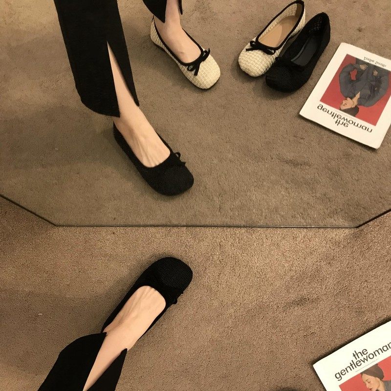 ITSK Single Shoes Women's Style Temperament Small Aroma Wind Butterfly Knot Round Head Ballet Flat Bottom Shoes Soft-bottom Bean-Bean Shoes Women Shoes