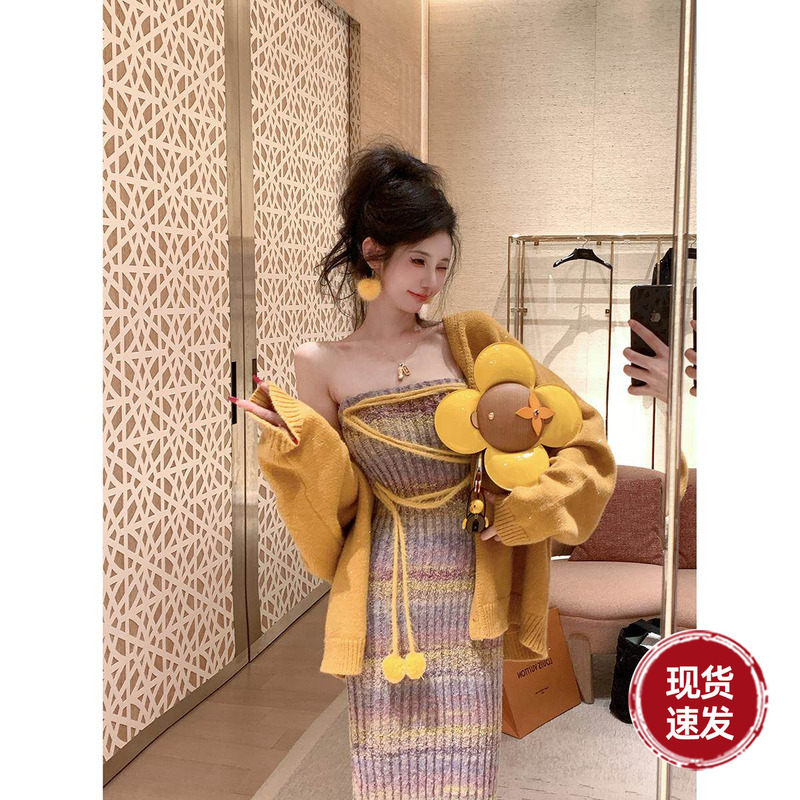 Sun Yaqiao【Rainbow Jelly Beans】New Autumn and Winter Elastic Cute Sweater Dress with Gradient Stripes Knitted Dress Sun Yaqiao【Rainbow Jelly Beans】New Autumn and Winter Elastic Cute Sweater Dress with Gradient Stripes Knitted Dress