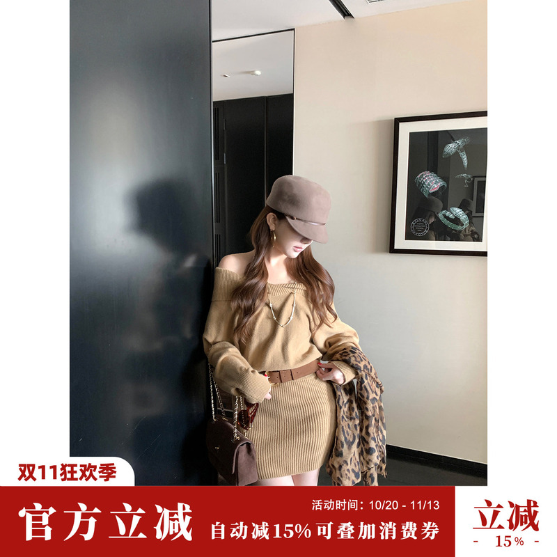 Syqiao/Yaqiao【Twilight Corridor】One-Shoulder Long-Sleeved Knitted Dress Short Skirt