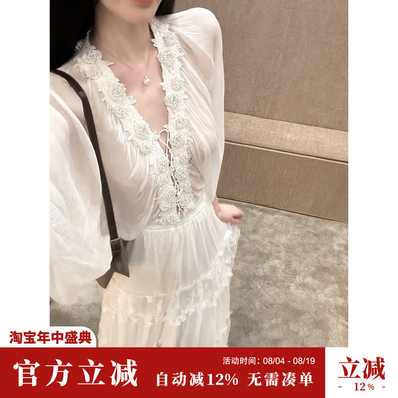 Sun Yaqiao [Gentle for You] Summer Long-Sleeve Shirt Real Silk Mulberry Silk 3D Embroidery Lace Top for Women