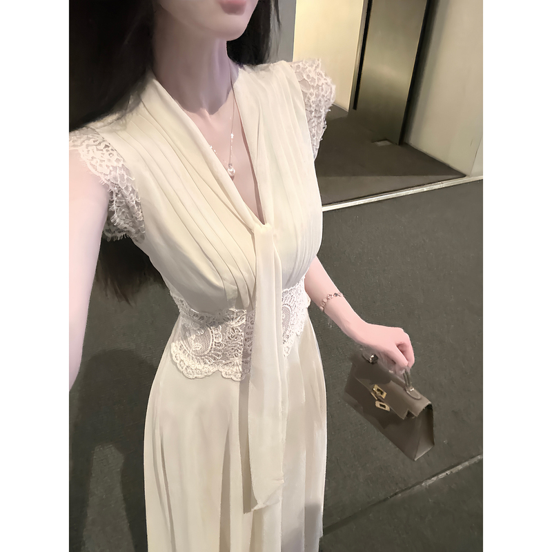 Sun Yaqiao【Loving】3 Versions/Summer Chiffon French V-Neck Ribbon Large Hem White Moonlight Dress