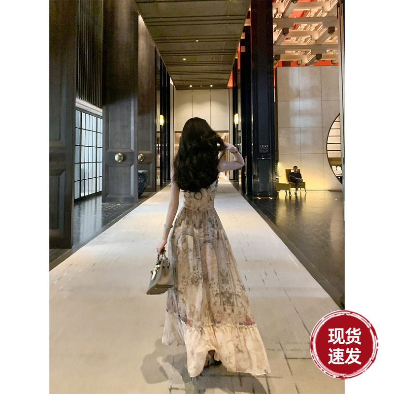 Sun Yaqiao [Lumis] Summer Sleeveless Slim Fit Light Luxury V-Neck Dress A-Line Skirt Long Skirt