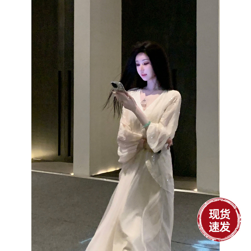 Sun Yaqiao [Golden Jade Pagoda] Spring Vintage Jacquard Loose Batwing Sleeve Fake Two-Piece Long Sleeve Dress
