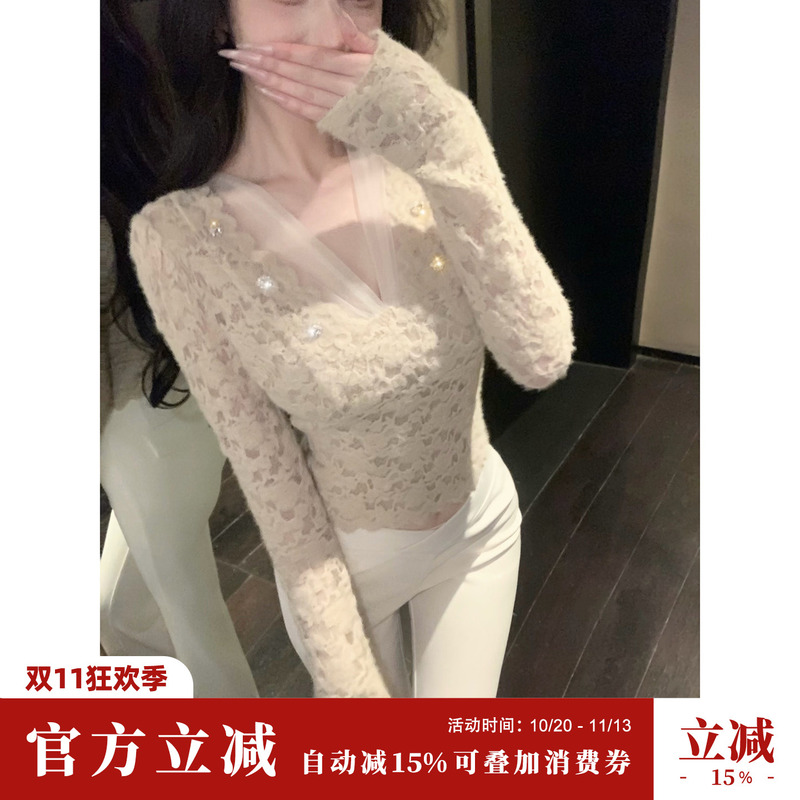 Sun Yaqiao【Charming Fragrance】New Autumn/Winter Long Sleeve 3-Color V-Neck Mesh Brushed Lace Base Shirt for Women