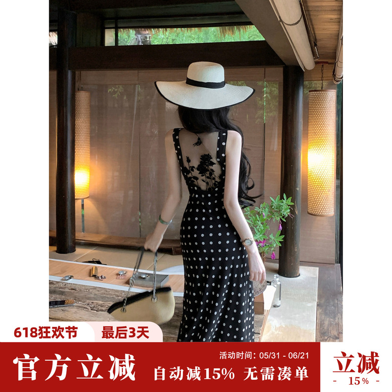 Yaqiao【Gorgeous Transformation】Summer Sleeveless Back Mesh V-Neck Sleeveless Flocked Polka Dot Dress Two-Piece Set Yaqiao【Gorgeous Transformation】Summer Sleeveless Back Mesh V-Neck Sleeveless Flocked Polka Dot Dress Two-Piece Set