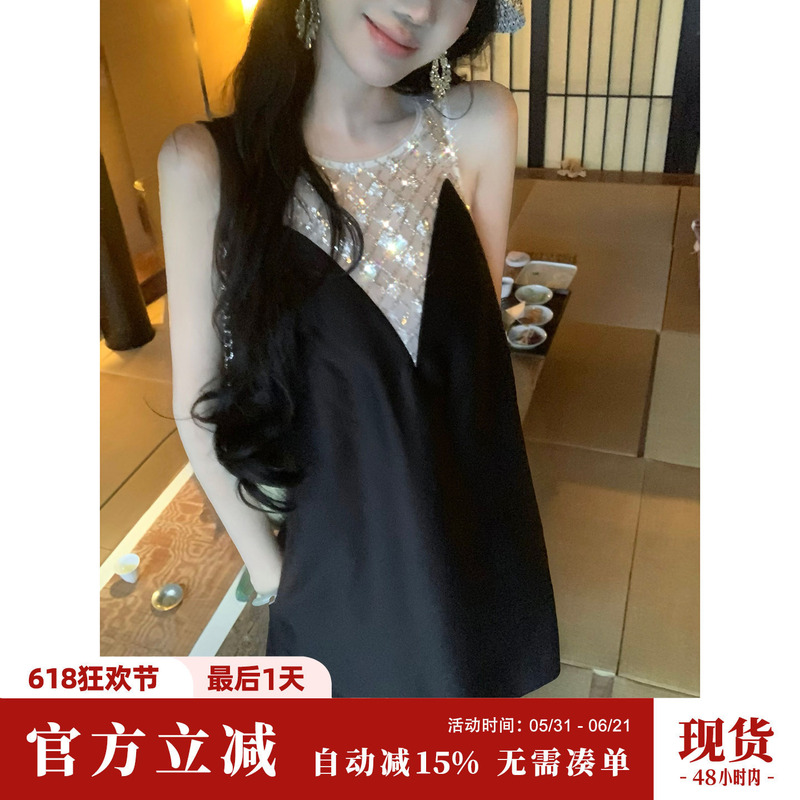 Sun Yaqiao【Zhuona Gallery】Summer New Style Vest Dress with Black and White Contrasting Colors and Beaded Short Dress