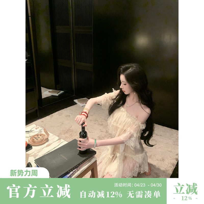 Sun Yaqiao【Cecilia】Summer Pure and Alluring Off-Shoulder Lace Satin Patchwork Lace Blouse Long Top