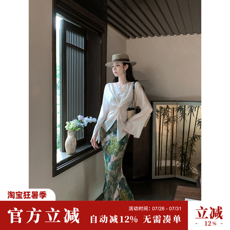Sun Yaqiao【Mountain Long and Water Wide】Summer Niche Oil Painting Style Artistic Print Pleated Midi Skirt Long Skirt