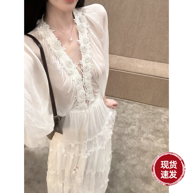 Sun Yaqiao [Gentle for You] Summer Long-Sleeve Shirt Real Silk Mulberry Silk 3D Embroidery Lace Top for Women