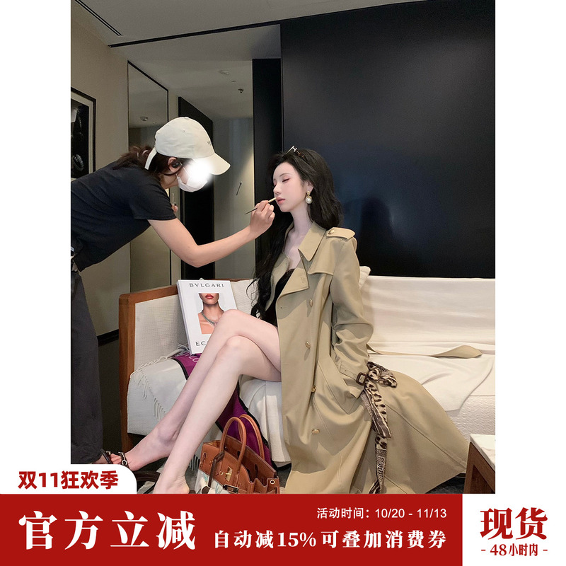 Sun Yaqiao【Chelsea 2.0】New Autumn Collection Double-Breasted Gold Buckle Fashionable Khaki Waist-Cinching Long Trench Coat