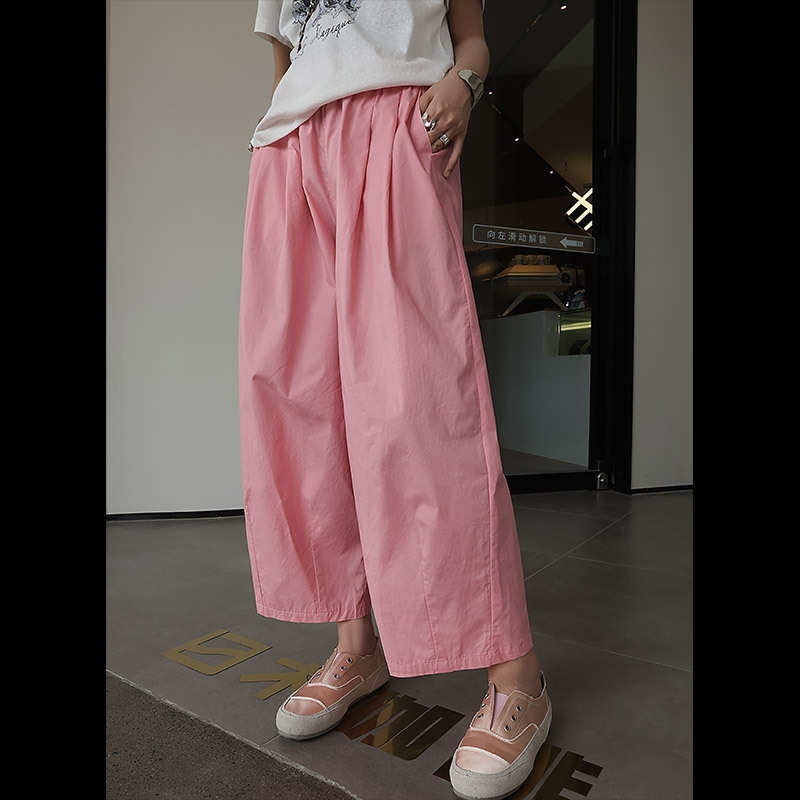 Spring and Summer New Style Pure Cotton Thin Elastic Waist Cropped Pants Balloon Pants Pink Eight-Point Carrot Granny Pants