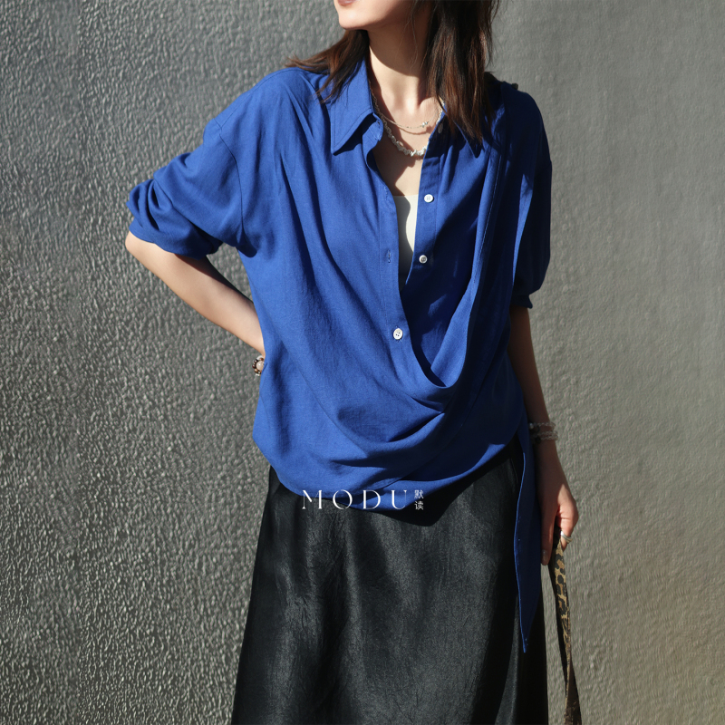 Spring and Summer Cotton and Linen Design Long-Sleeved Knotted Lace-Up Solid Color Elegant Shirt Loose Casual 6331 Spring and Summer Cotton and Linen Design Long-Sleeved Knotted Lace-Up Solid Color Elegant Shirt Loose Casual 6331