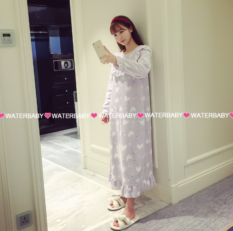Phiên bản Hàn Quốc của mùa đông dài san hô lông cừu váy ngủ ngọt ngào lá sen dài tay flannel phụ nữ dày đồ ngủ dịch vụ nhà đầm mặc nhà thoải mái