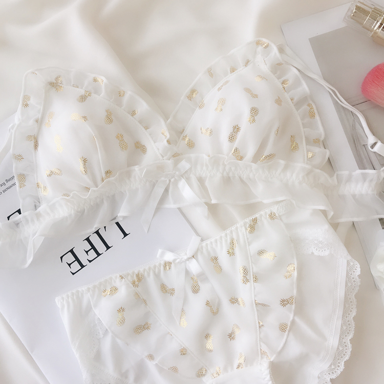 Áo voan in hình quả dứa không có quần lót Ruffled nơ nữ áo ngực mỏng set đồ lót đẹp