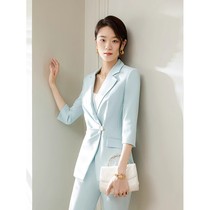 Woman into Mint Green Temperament Weight Reduction Suit Jacket Pants Woman Spring Summer 70% Sleeve Fashion Commute Suit 2024