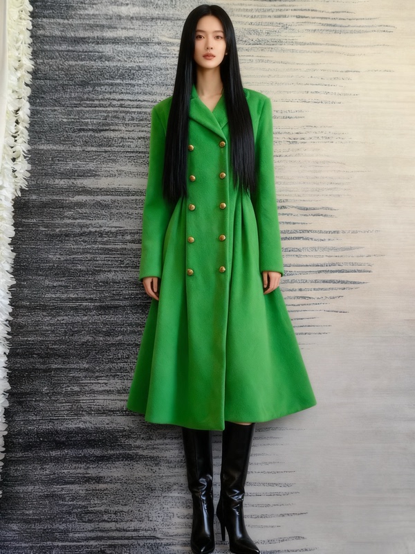 Heavyweight High-Quality Plus-Size Women's Clothing Emerald Green Bright Green Warm Double-Breasted Slim-Fit Skirt-Style Long Coat